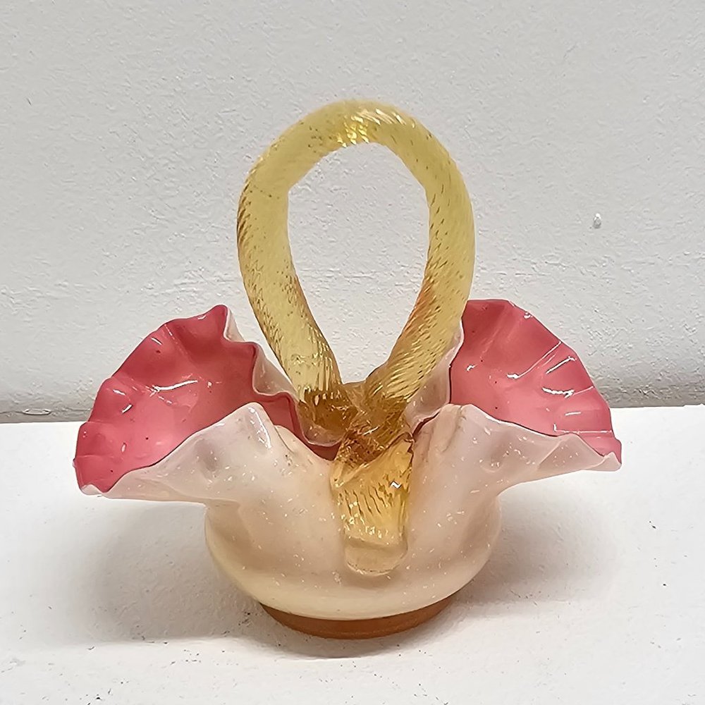 Victorian Cranberry with Gold Overlay and Silver Fleck Basket with Twisted Handl